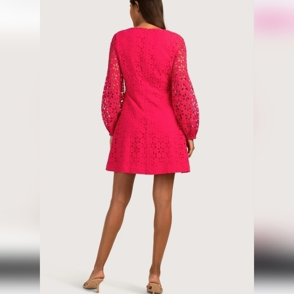 Trina Turk Grazia Dress in Passion Pink 2 Eyelet Lace Unlined Sleeves Cotton - Picture 2 of 9